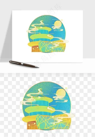 国潮城市地标山水建筑png免抠