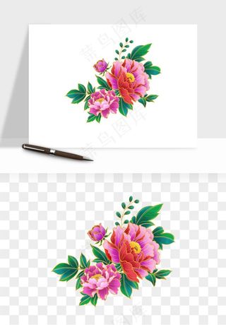 手绘国潮牡丹花花卉图案png免抠