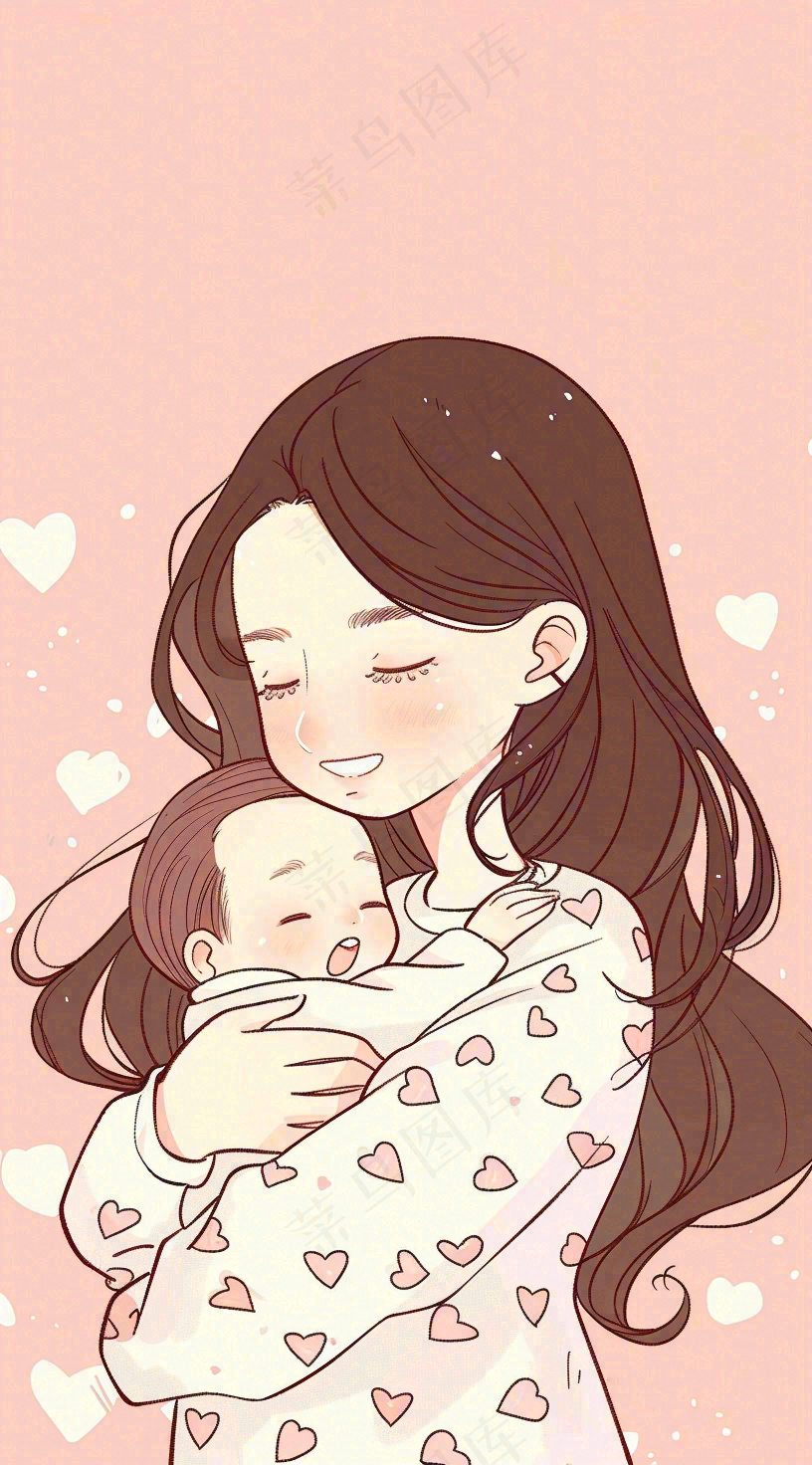 母亲节妈妈亲情抱着孩子鲜花光辉插画背景