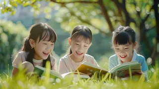 公园草坪看书阅读的学生孩子们知识兴趣世界读书日摄影图