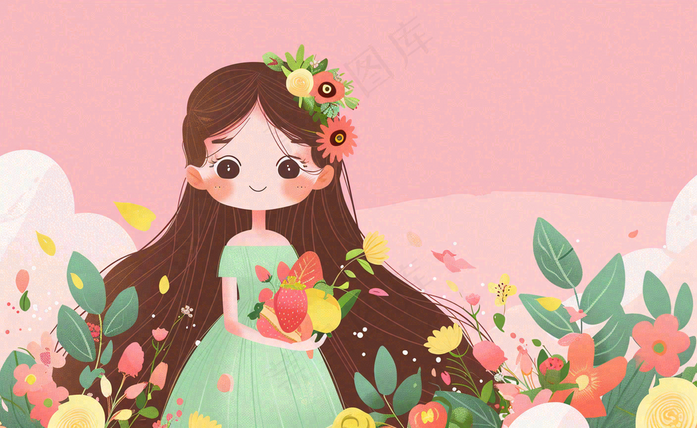 粉色ins时尚女生节绿植女神节妇女节小清新插画背景