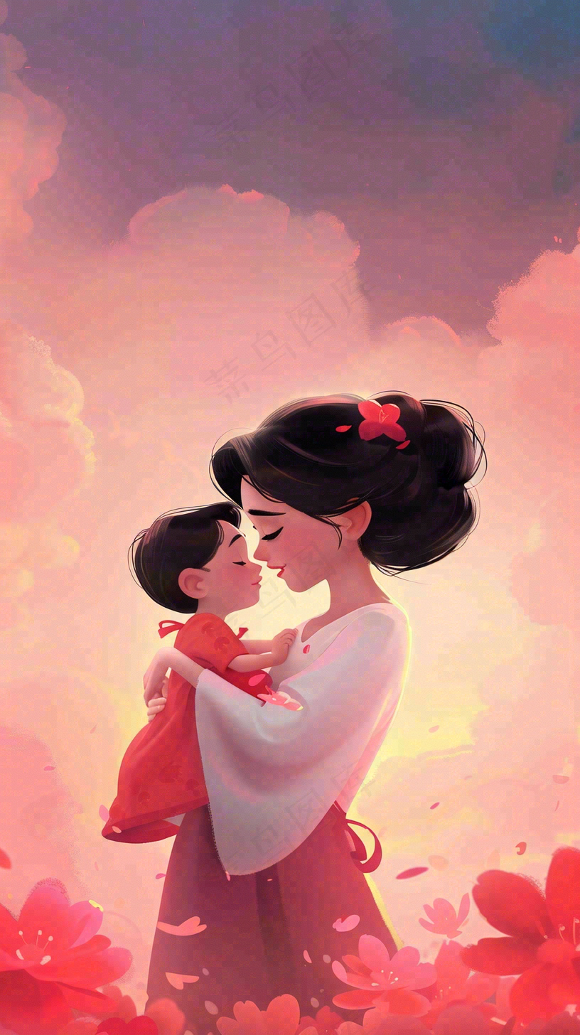 母亲节妈妈亲情抱着孩子鲜花光辉插画背景