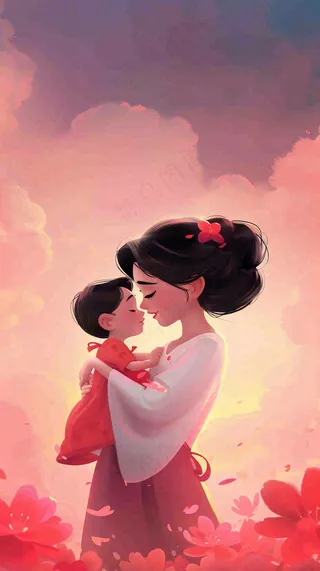 母亲节妈妈亲情抱着孩子鲜花光辉插画背景