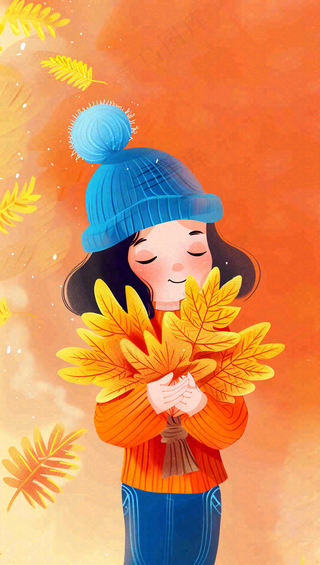 秋天女孩抱着落叶唯美卡通插画秋分立秋背景