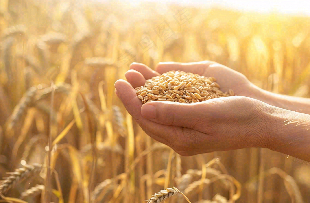 金黄的稻田手捧粮食珍惜粮食芒种世界粮食日摄影图
