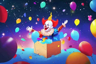 小丑搞怪马戏团游乐园愚人节气球彩带庆祝卡通插画背景