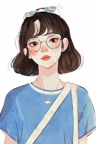 蓝色衣服的少女女生人物卡通插画免抠