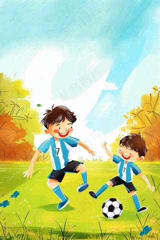 儿童学生草坪上踢足球运动竞技儿童节卡通插画背景
