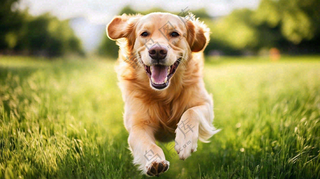 草丛里飞奔的金毛小狗宠物动物摄影图