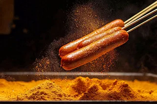 烤火腿肠煎辣椒面香辣美食小吃摄影图