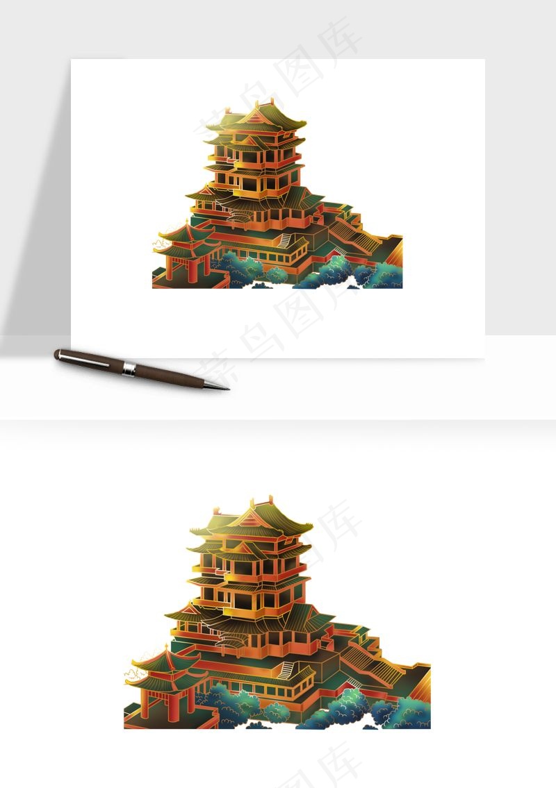 国潮风古建筑古楼古塔鼓楼psd,png免抠图