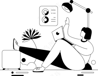 女生坐地下看笔记本电脑 单色扁平商务插画 