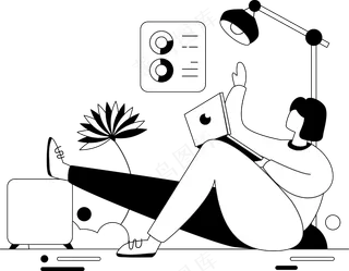 女生坐地下看笔记本电脑 单色扁平商务插画