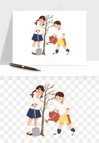 手绘植树节挖土人物png免抠