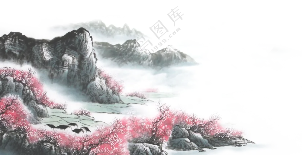 群山美景与盛开的鲜花绘画免抠图片