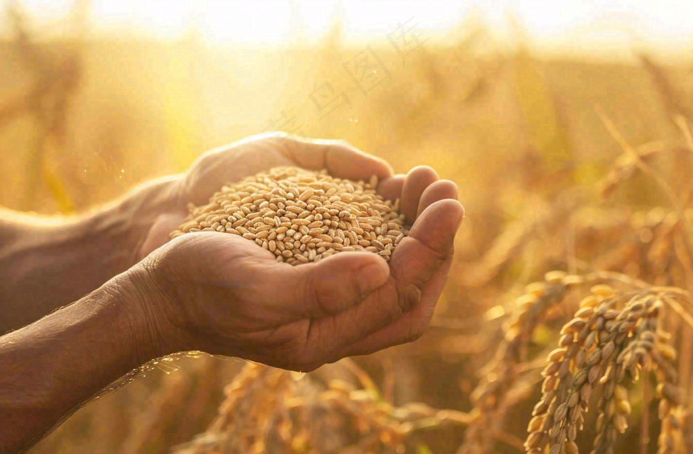 金黄的稻田手捧粮食珍惜粮食芒种世界粮食日摄影图
