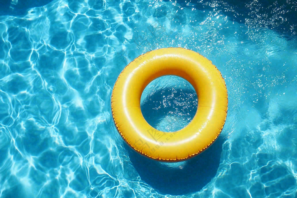 蓝色游泳池的黄色游泳圈摄影图