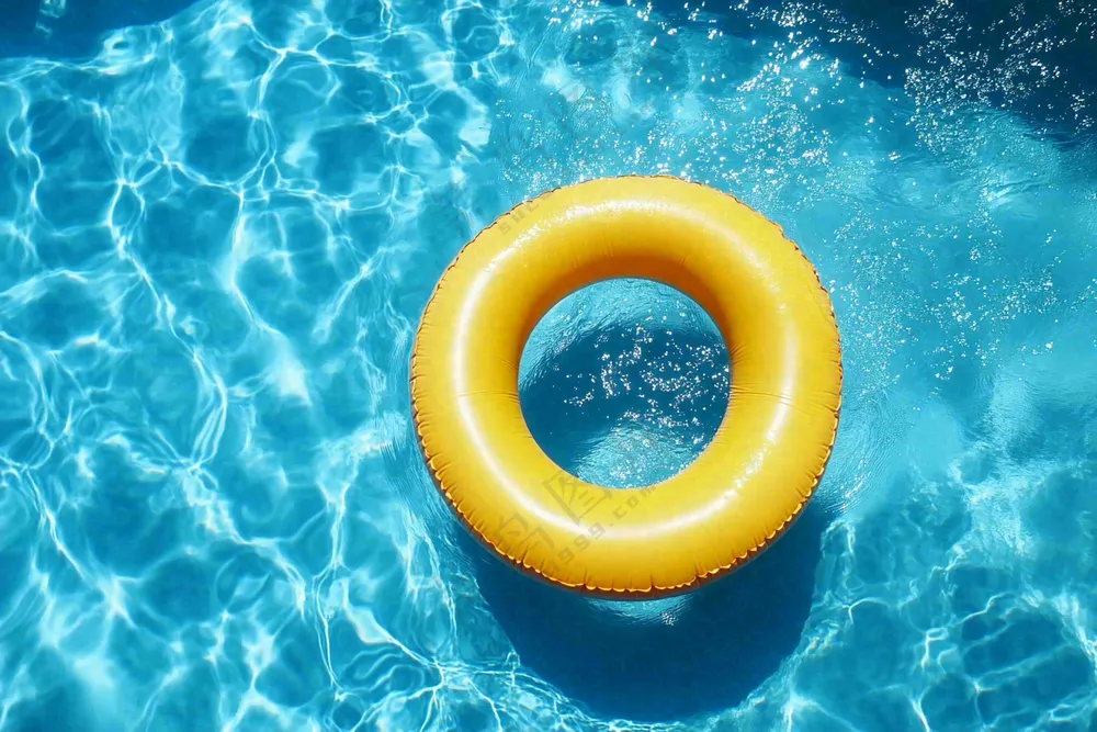 蓝色游泳池的黄色游泳圈摄影图
