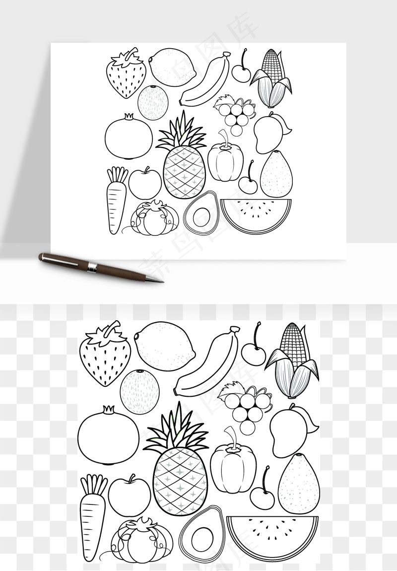 手绘线描水果蔬菜矢量