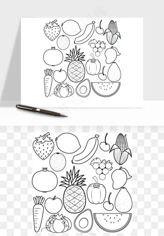 手绘线描水果蔬菜矢量