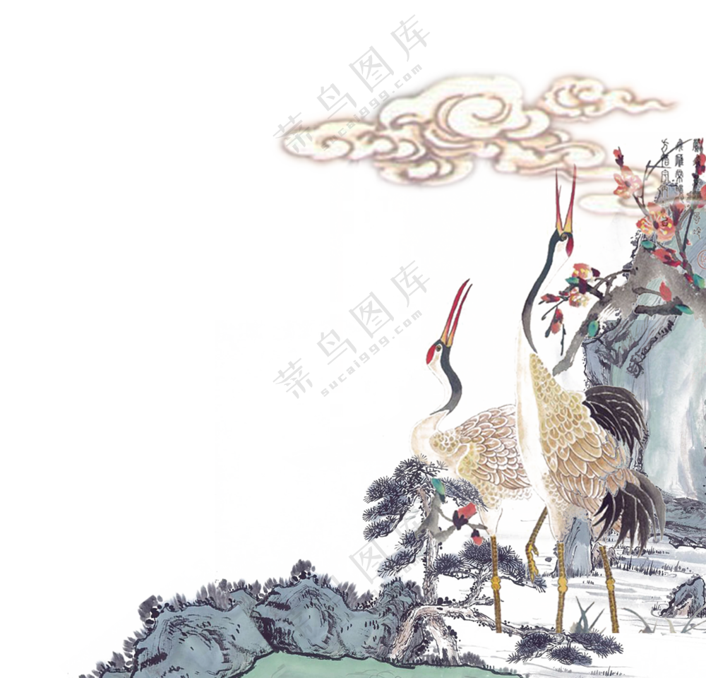 祥云花鸟创意绘画效果免抠图片素材