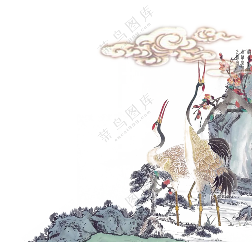 祥云花鸟创意绘画效果免抠图片素材