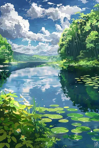 春夏蓝天白云下的森林河流湖泊立夏小暑插画背景