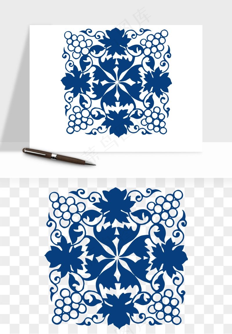 青花瓷花纹花卉图案png免抠