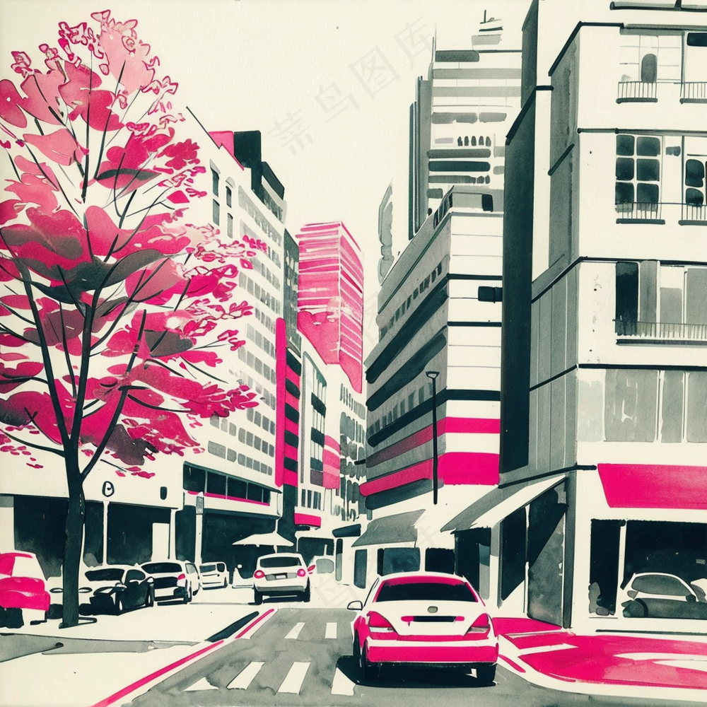城市街景 玫粉色系水彩风景画