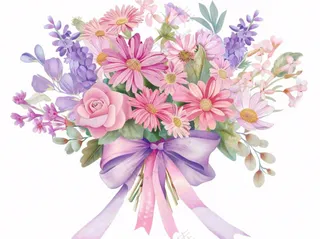 鲜花花束粉紫色浪漫插画免抠