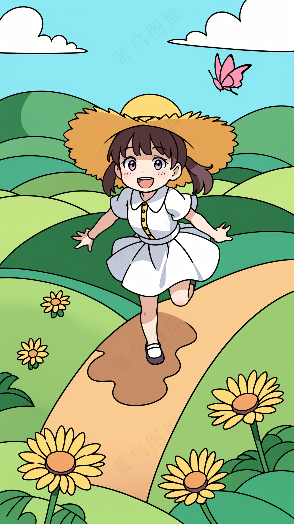 小女孩奔跑在田野中3 儿童简笔画