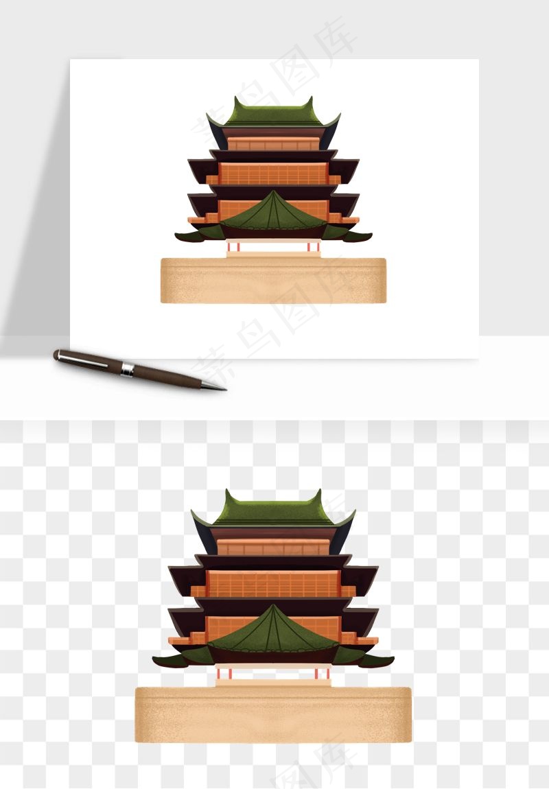 国潮风古建筑古楼古塔鼓楼psd,png免抠图