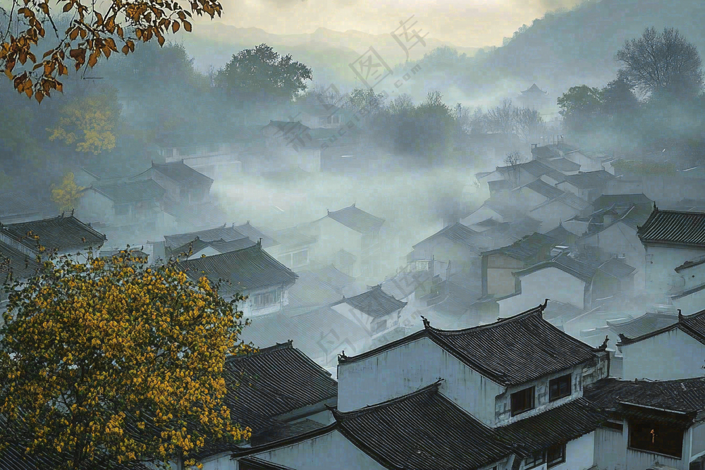 江南风景屋檐瓦舍雾村庄山林摄影图