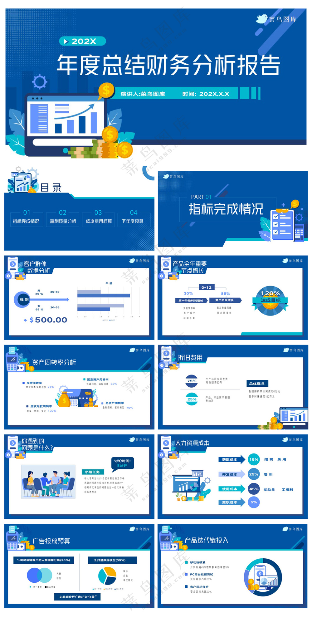 蓝色简约年终总结财务汇报PPT模板
