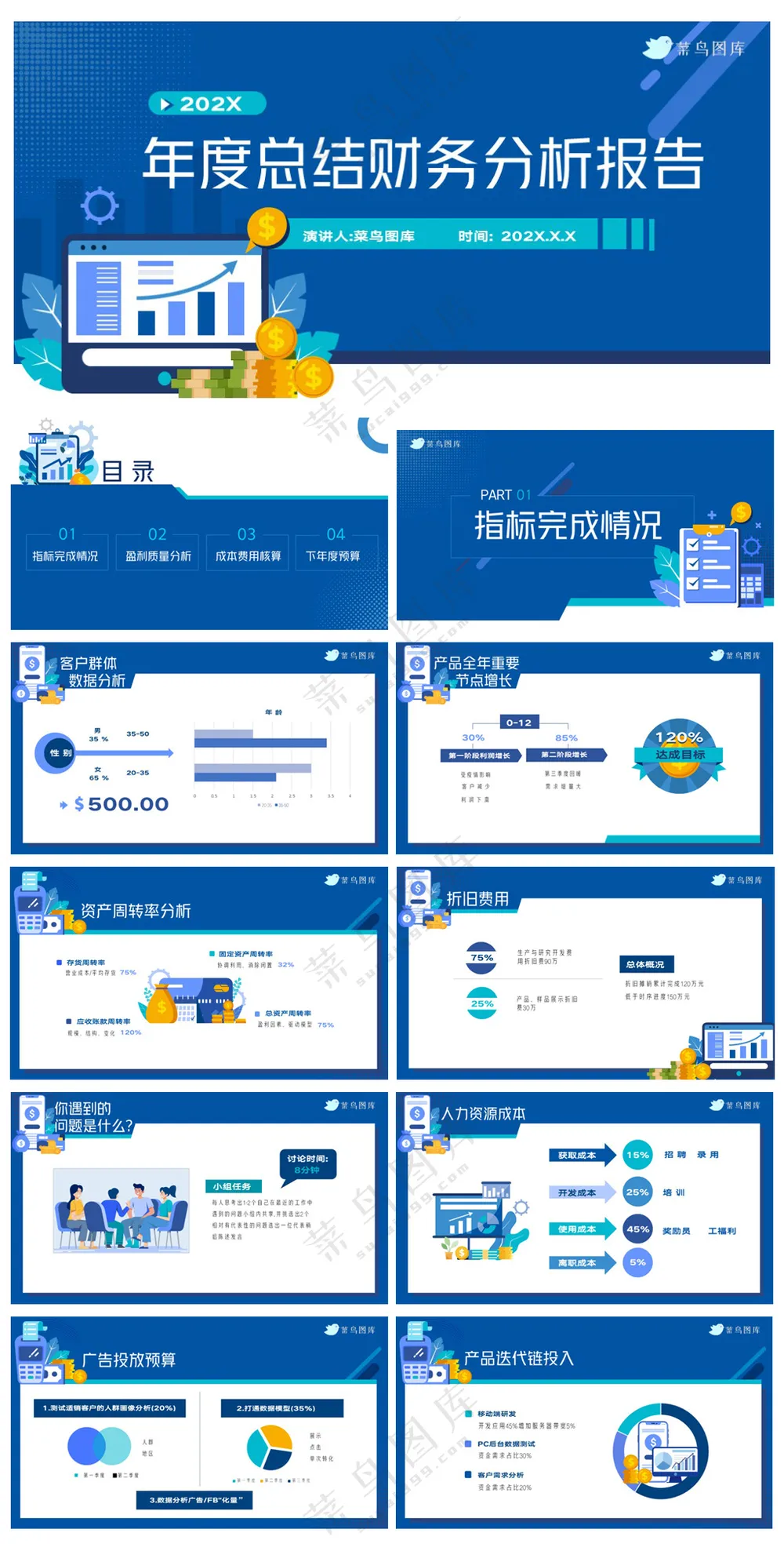 蓝色简约年终总结财务汇报PPT模板