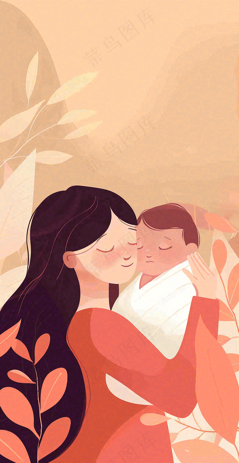 母亲节妈妈亲情抱着孩子鲜花光辉插画背景