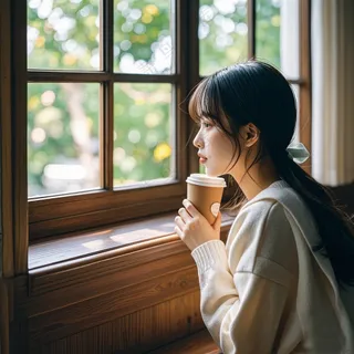 在窗前喝咖啡的少女