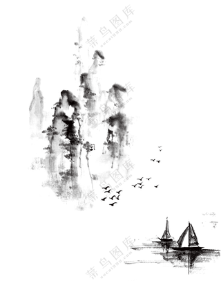 水墨风飞鸟扁舟与山水元素PNG素材