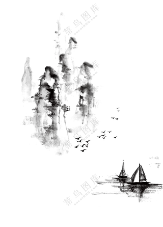 水墨风飞鸟扁舟与山水元素PNG素材