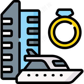 奢华蜜月旅行 游艇酒店大钻戒 线性彩色图标