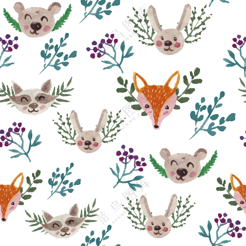 手绘水彩狐狸与兔子等图案免抠素材