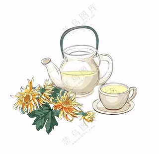 菊花茶茶壶喝茶插画免抠