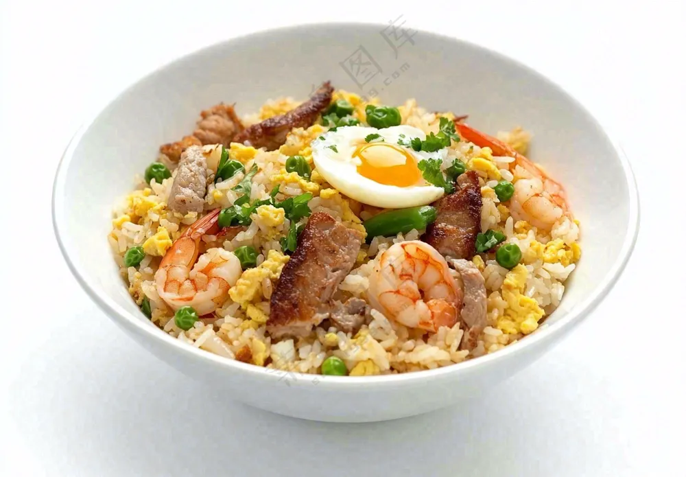 虾仁时蔬炒饭蘑菇美食摄影图
