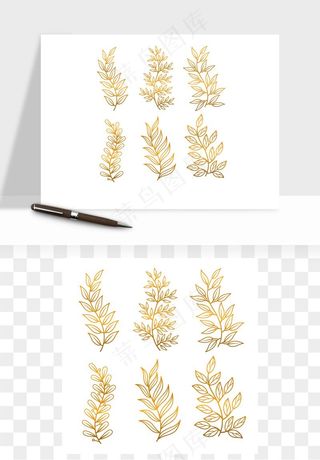 手绘金色叶子矢量png免抠