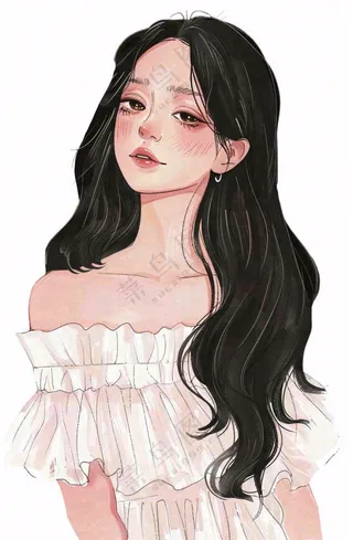白色衣服的长头发少女美丽人物卡通插画免抠