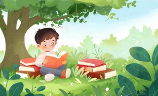 大自然阅读书本知识大树草坪世界读书日卡通插画背景