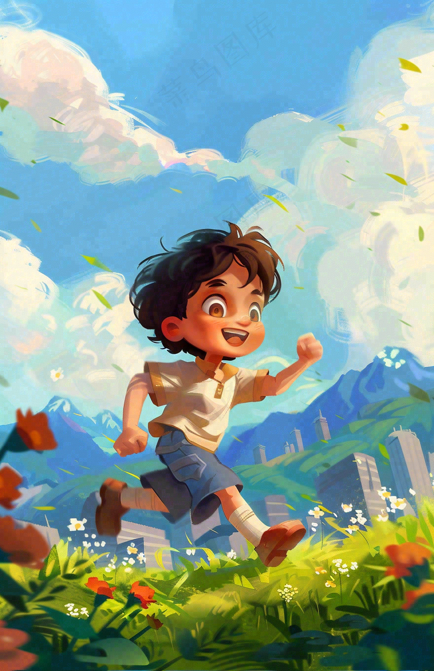 遨游大自然草坪的孩子快乐儿童节卡通插画背景