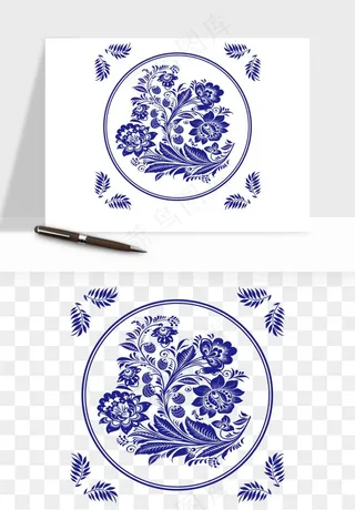 青花瓷花纹花卉图案png免抠