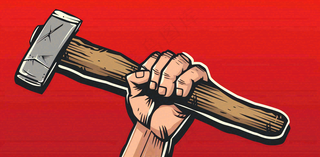 劳动局卡通复古插画工人手拿工具红色插画背景