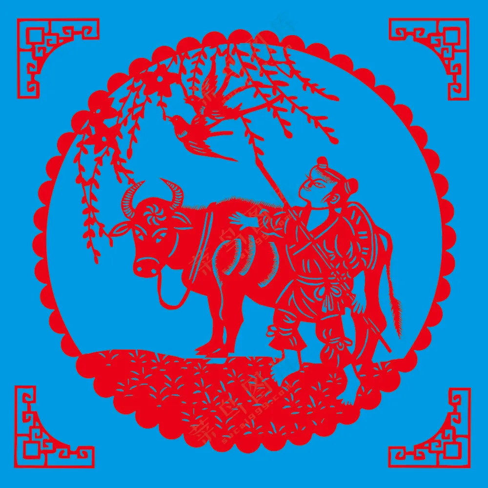 红色写实牧童放牛剪纸